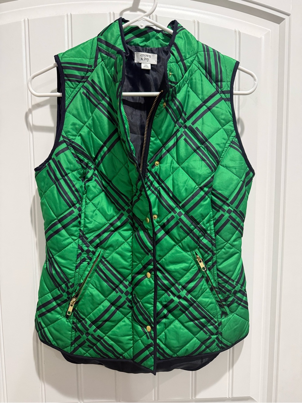 Crown & Ivy XS Green/Navy Quilted Plaid Vest